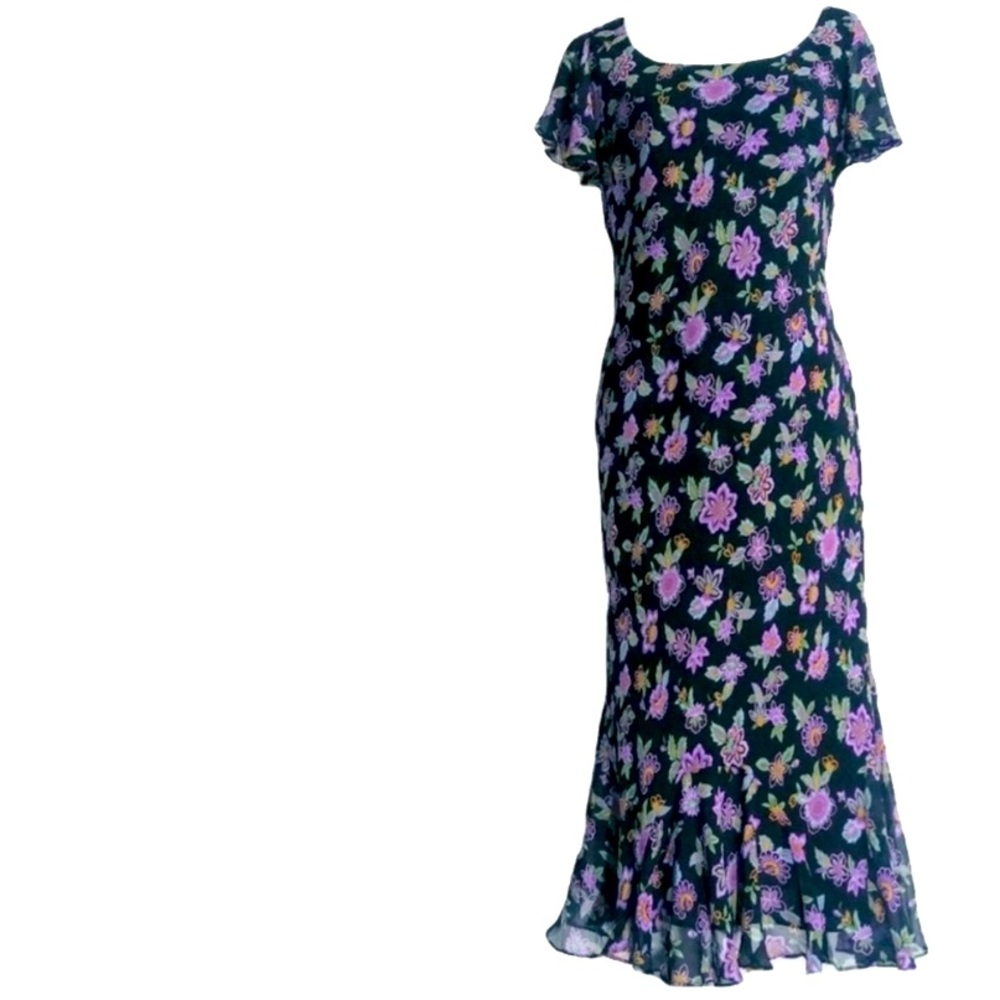 Chadwicks Silk Floral Midi Dress Fully Lined Flutter Sleeve Vintage Y2K Ditsy 14